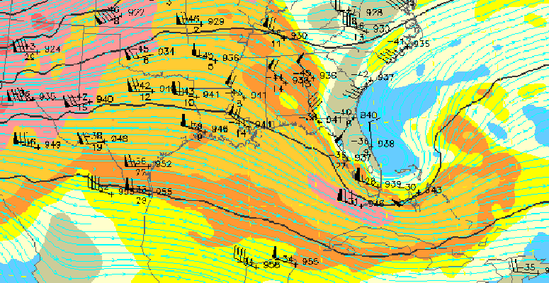 8-hour forecast of pressure and winds