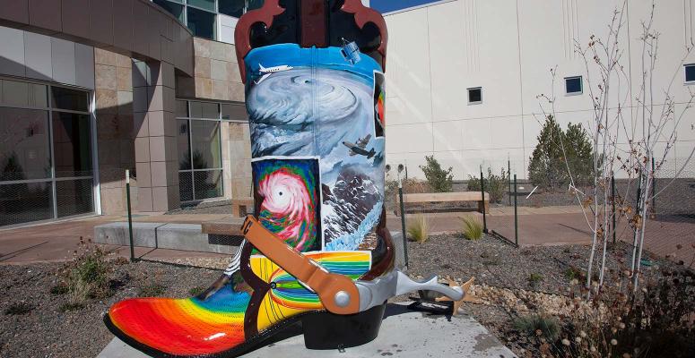The Cheyenne Big Boots art installation was presented on NWSC grounds on behalf of the Cheyenne community at the conclusion of the grand opening ceremony (for the Wyoming Supercomputing Center).