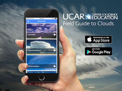 A person holding a cellphone with the UCAR SciEd Field Guide to Clouds app on it