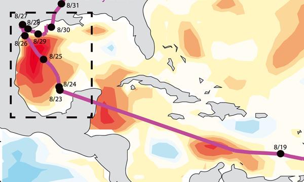 An image of Harvey's track over extremely warm water in the Gulf